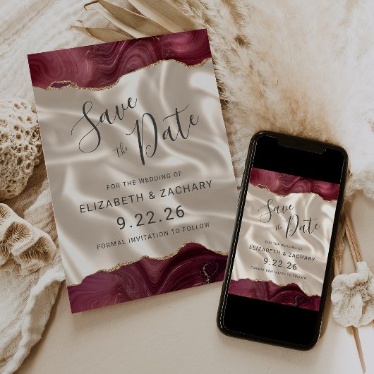 Burgundy Goud Agate Ivoor Zijde Save the Date
