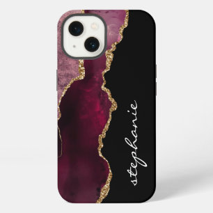 Burgundy Goud Aquarel Agate Gepersonaliseerd iPhone 13 Hoesje