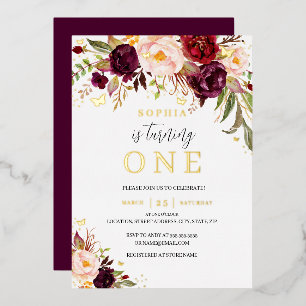 Burgundy Goud Aquarel Bloemen Meisje 1e Verjaardag Folie Uitnodiging