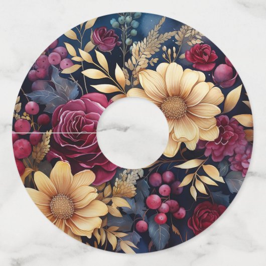 Burgundy, Goud en Navy Bloemen Wijnglaslabel (Voorkant)