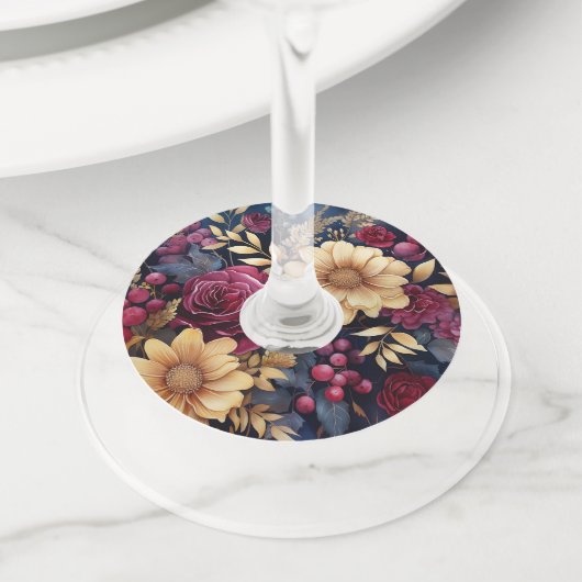 Burgundy, Goud en Navy Bloemen Wijnglaslabel (Dichtbij)