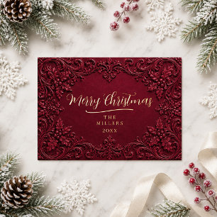 Burgundy /Goud Folie Vintage Barok Kerstkaart Uitnodiging