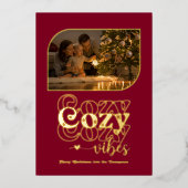 Burgundy & Goud Gezellige Sfeer Retro Kerst Foto Folie Feestdagenkaart (Voorkant)