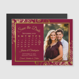 Burgundy & Goud Kalender Foto Save the Date Magnee Magnetische Uitnodiging