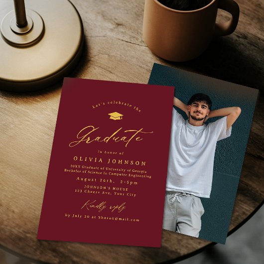 Burgundy Goud Moderne Calligrafie Foto Afstuderen Kaart
