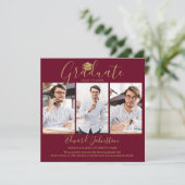 Burgundy Goud Schrift Afgestudeerd 4 Foto Afstuder Aankondiging (Staand voorkant)