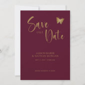 Burgundy & Goud Schrift: Glitter Vlinder Bruiloft Save The Date (Voorkant)