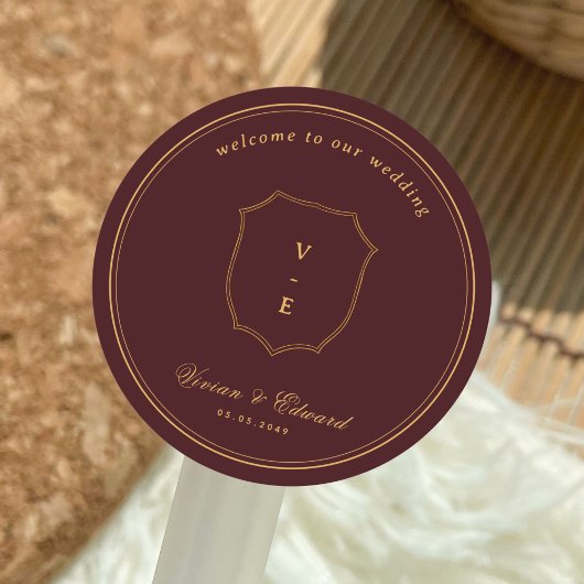 Burgundy & Goud Trouw Welkom Crest Monogram Ronde Sticker