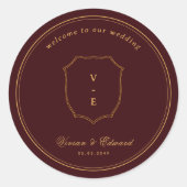 Burgundy & Goud Trouw Welkom Crest Monogram Ronde Sticker (Voorkant)