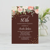 Burgundy Goud Waterverf Bloem 80ste Verjaardag Kaart (Staand voorkant)