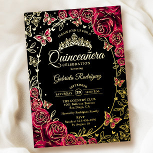 Burgundy Goud Zwarte Vlinders Rozen Quinceanera Folie Uitnodiging