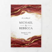Burgundy Gouden Abstracte Inkt QR Code Bruiloft Drieluik Uitnodiging (Cover)