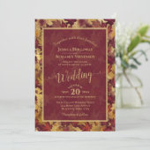 Burgundy & Gouden Bladeren Calligrafie QR Code Tro Kaart (Staand voorkant)