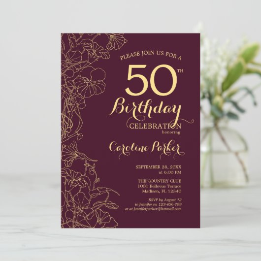 Burgundy Gouden Bloem 50ste Verjaardagsfeestje Kaart (Staand voorkant)