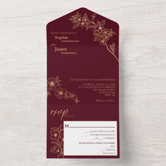 Burgundy Gouden Bloem Bruiloft Alles In Eén Uitnod All In One Uitnodiging (Binnen)
