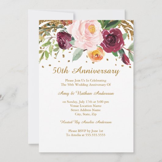 Burgundy Gouden Bloem Glitter 50ste Verjaardag Kaart (Voorkant)