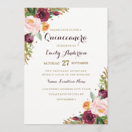 Burgundy Gouden Bloem Glitter Quinceanera Kaart