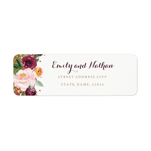 Burgundy Gouden Bloem Glitter Retouradres Label (Voorkant)