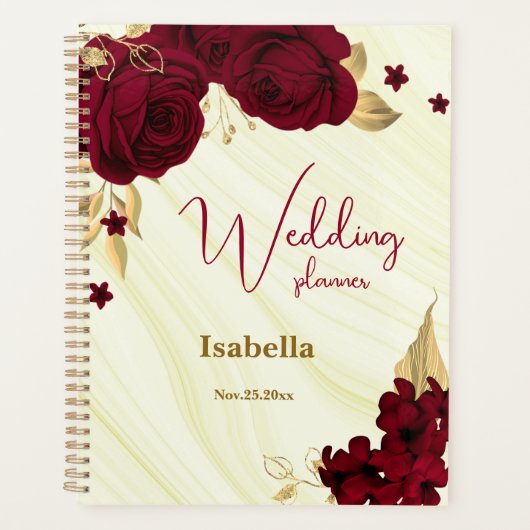 burgundy gouden bloem marble trouwen planner (Voorkant)