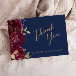 Burgundy Gouden Bloem Navy Blauwe Trouw Dank Je Kaart