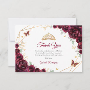 Burgundy Gouden Bloemige Quinceanera Bedankkaart