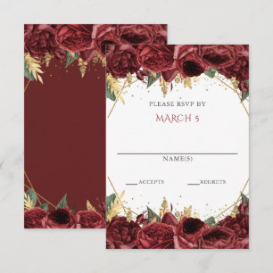 Burgundy Gouden Bloemstuk Quinceanera  RSVP Kaartje