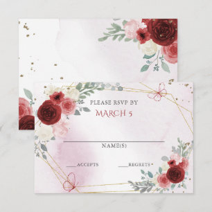 Burgundy Gouden Bloemvlinders Quinceanera  RSVP Kaartje