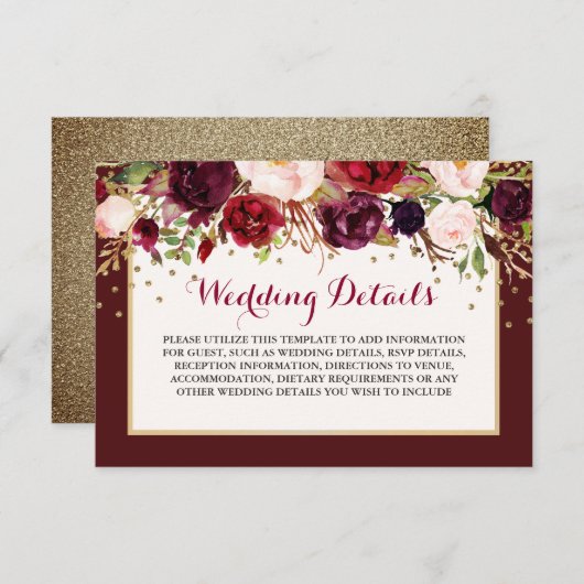 Burgundy Gouden Bruiloftsreceptie Details Informatiekaartje (Voorkant / Achterkant)