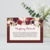 Burgundy Gouden Bruiloftsreceptie Details Informatiekaartje (Staand voorkant)