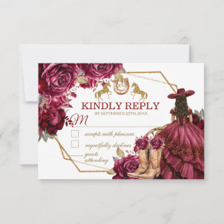 Burgundy Gouden Charra Paard Quinceañera RSVP Kaar Notitiekaartje