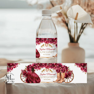 Burgundy Gouden Charra Paard Quinceañera Waterfles Etiket