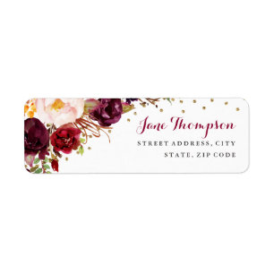 Burgundy Gouden Confetti Bloemen Retouradreslabel Etiket