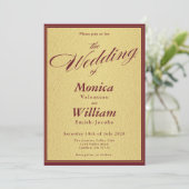 Burgundy Gouden Elegante Script Bruiloft  Kaart (Staand voorkant)