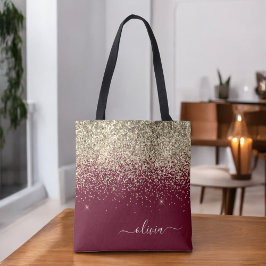Burgundy Gouden Glitter Meisjesachtig Monogram Gla Tote Bag