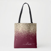 Burgundy Gouden Glitter Meisjesachtig Monogram Gla Tote Bag (Voorkant)