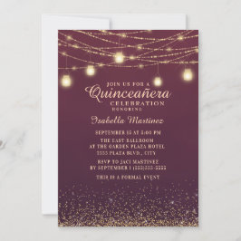 Burgundy Gouden Glitter Slingerlichten Quinceañera Kaart