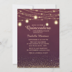 Burgundy Gouden Glitter Slingerlichten Quinceañera Kaart