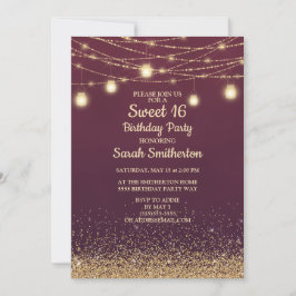 Burgundy Gouden Glitter Slingerlichten Sweet 16 Kaart