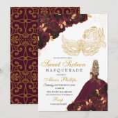 Burgundy Gouden Glitter Sweet 16 Masquerade Kaart (Voorkant / Achterkant)