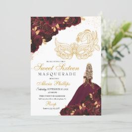 Burgundy Gouden Glitter Sweet 16 Masquerade Kaart