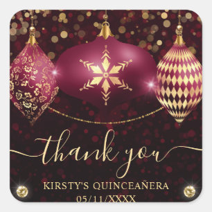 Burgundy Gouden Kerstballen Quinceanera Vierkante Sticker