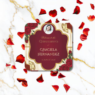 Burgundy & Gouden Roos Quinceañera Papieren Onderz Kartonnen Onderzetters