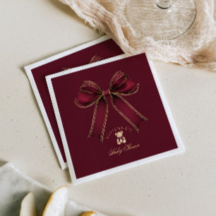 Burgundy Gouden Strik Beren Luxe Baby Shower Servet