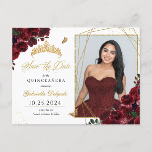 Burgundy & Gouden Tiara Quinceañera Foto Ansichtka Briefkaart