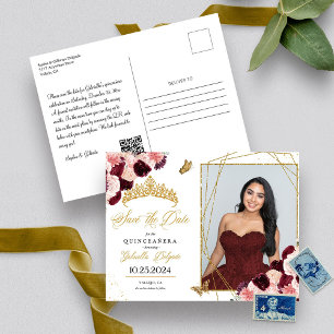 Burgundy & Gouden Tiara Quinceañera Foto Ansichtka Briefkaart