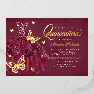 Burgundy Gouden Vlinder Jurk Quinceanera Folie Uitnodiging