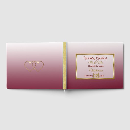 Burgundy Gradient en Gold Heart Wedding Book Gastenboek (Volledig)
