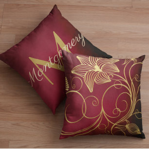 Burgundy Gradient Gold Floral Initiaal Sierkussen