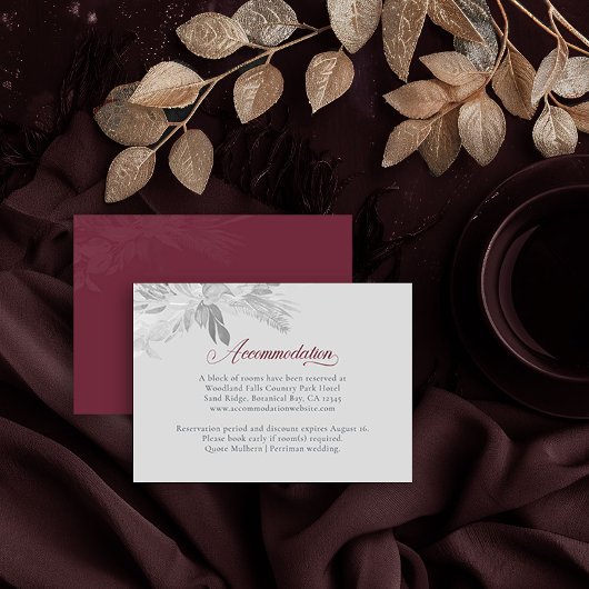 Burgundy Gray Botanical Foliage Accommododatie Informatiekaartje