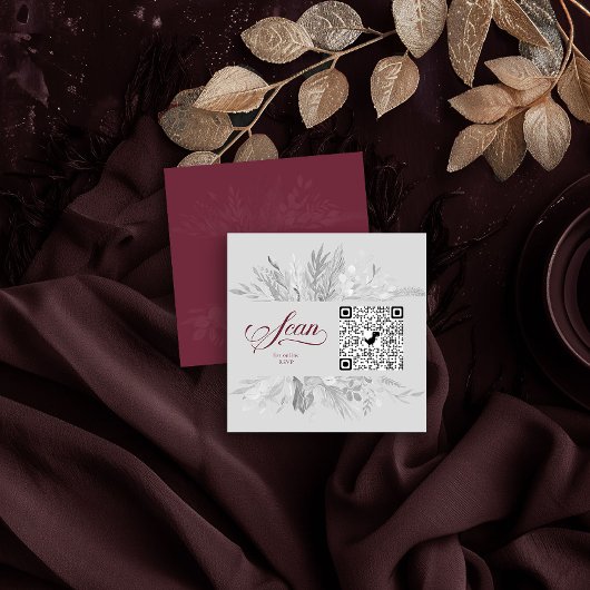 Burgundy Gray Botanical Online RSVP QR Code Informatiekaartje